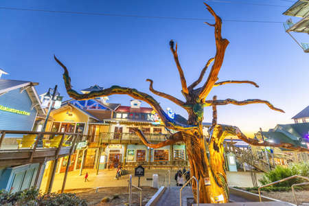 DESTIN, FLORIDA - FEBRUARY 2016: Destin Harbor Boardwalk at sunset with shops and tourists.のeditorial素材