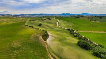 Amazing aerial view of beautiful Tuscany Hills in spring season, Italy.の写真素材