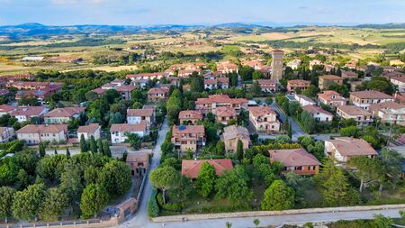Pienza, Tuscany. Aerial view at sunset of famous medieval town.の写真素材
