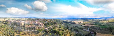 Pienza, Tuscany. Aerial view at sunset of famous medieval town.の写真素材