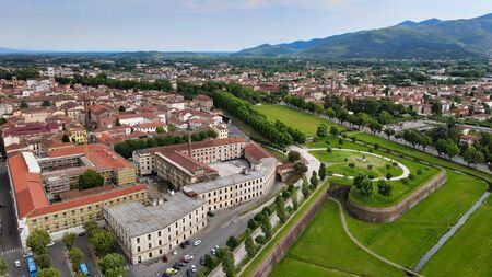 Amazing aerial view of Lucca medieval town in Tuscany, Italyの写真素材