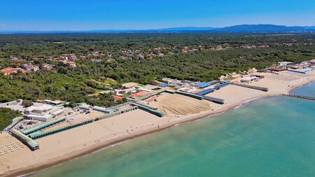 Amazing aerial view of Marina di Pisa coastline, Tuscany. Italian coast from the droneの写真素材