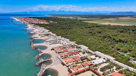 Amazing aerial view of Marina di Pisa coastline, Tuscany. Italian coast from the droneの写真素材
