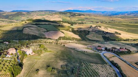 Pienza, Tuscany. Aerial view at sunset of famous medieval town.の写真素材