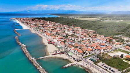 Amazing aerial view of Marina di Pisa coastline, Tuscany. Italian coast from the droneの写真素材