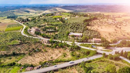 Amazing aerial view of San Quirico medieval town in Tuscany, Italyの写真素材