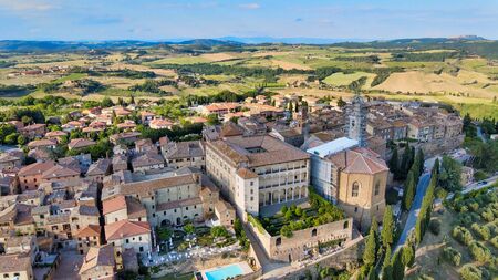 Pienza, Tuscany. Aerial view at sunset of famous medieval town.の写真素材