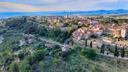 Pienza, Tuscany. Aerial view at sunset of famous medieval town.の写真素材