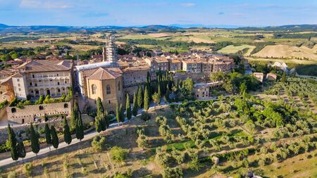 Pienza, Tuscany. Aerial view at sunset of famous medieval town.の写真素材