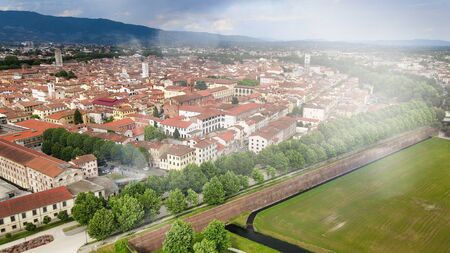 Amazing aerial view of Lucca medieval town in Tuscany, Italyの写真素材