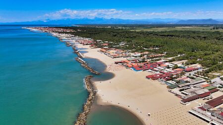Amazing aerial view of Marina di Pisa coastline, Tuscany. Italian coast from the droneの写真素材