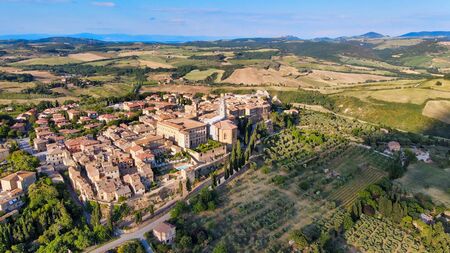 Pienza, Tuscany. Aerial view at sunset of famous medieval town.の写真素材