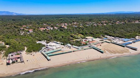 Amazing aerial view of Marina di Pisa coastline, Tuscany. Italian coast from the droneの写真素材