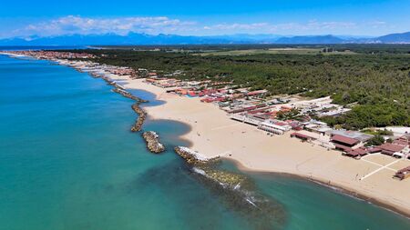 Amazing aerial view of Marina di Pisa coastline, Tuscany. Italian coast from the droneの写真素材