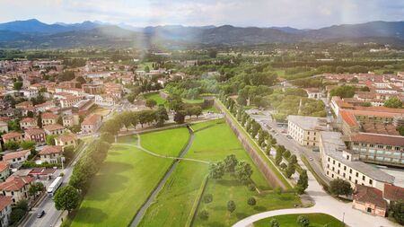 Amazing aerial view of Lucca medieval town in Tuscany, Italyの写真素材