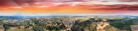 Pienza, Tuscany. Aerial view at sunset of famous medieval town.の写真素材