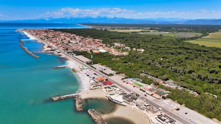 Amazing aerial view of Marina di Pisa coastline, Tuscany. Italian coast from the droneの写真素材