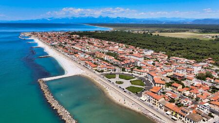 Amazing aerial view of Marina di Pisa coastline, Tuscany. Italian coast from the droneの写真素材