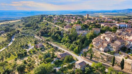 Pienza, Tuscany. Aerial view at sunset of famous medieval town.の写真素材