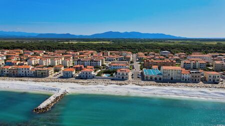 Amazing aerial view of Marina di Pisa coastline, Tuscany. Italian shoreline from the airの写真素材