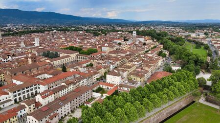 Amazing aerial view of Lucca medieval town in Tuscany, Italyの写真素材