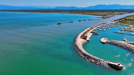 Amazing aerial view of Marina di Pisa coastline, Tuscany. Italian shoreline from the airの写真素材