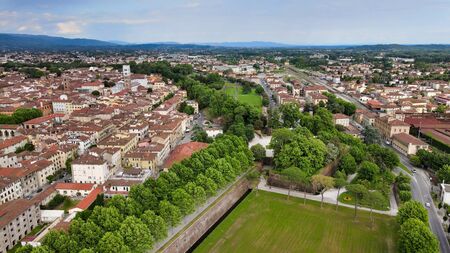 Amazing aerial view of Lucca medieval town in Tuscany, Italyの写真素材