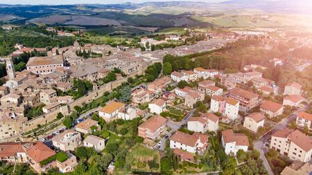 Amazing aerial view of San Quirico medieval town in Tuscany, Italyの写真素材