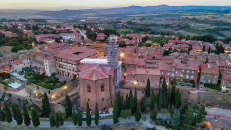 Pienza, Tuscany. Aerial view at sunset of famous medieval town.の写真素材