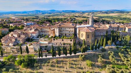 Pienza, Tuscany. Aerial view at sunset of famous medieval town.の写真素材