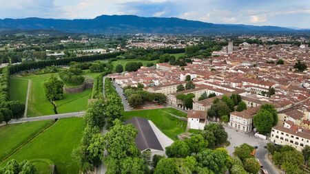 Amazing aerial view of Lucca medieval town in Tuscany, Italyの写真素材