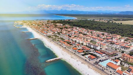Amazing aerial view of Marina di Pisa coastline, Tuscany. Italian coast from the droneの写真素材