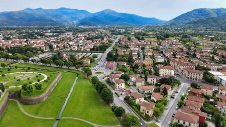 Amazing aerial view of Lucca medieval town in Tuscany, Italyの写真素材