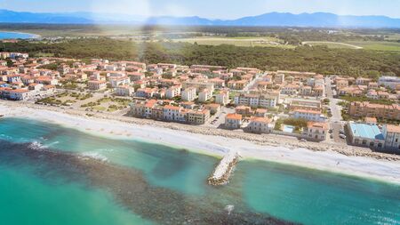 Amazing aerial view of Marina di Pisa coastline, Tuscany. Italian shoreline from the airの写真素材