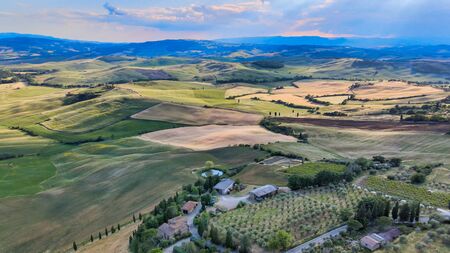 Pienza, Tuscany. Aerial view at sunset of famous medieval town.の写真素材