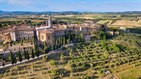 Pienza, Tuscany. Aerial view at sunset of famous medieval town.の写真素材