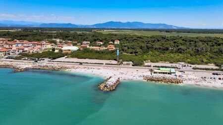 Amazing aerial view of Marina di Pisa coastline, Tuscany. Italian coast from the droneの写真素材