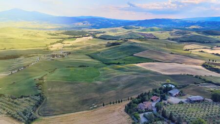 Pienza, Tuscany. Aerial view at sunset of famous medieval town.の写真素材