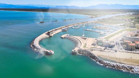 Amazing aerial view of Marina di Pisa coastline, Tuscany. Italian shoreline from the airの写真素材