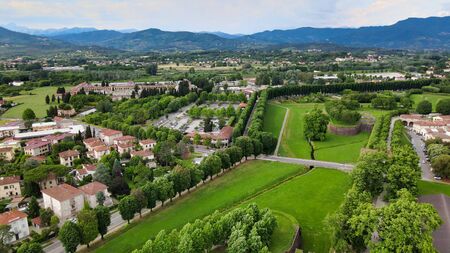 Amazing aerial view of Lucca medieval town in Tuscany, Italyの写真素材