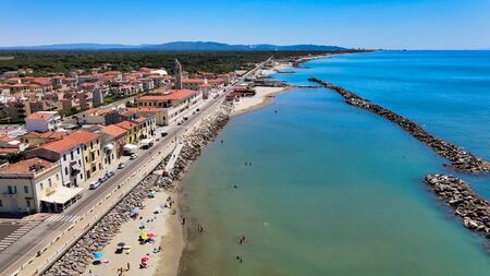 Amazing aerial view of Marina di Pisa coastline, Tuscany. Italian coast from the droneの写真素材