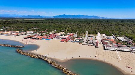 Amazing aerial view of Marina di Pisa coastline, Tuscany. Italian coast from the droneの写真素材