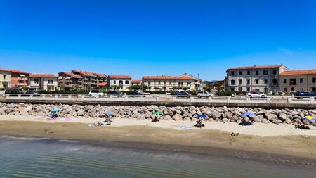 Amazing aerial view of Marina di Pisa coastline, Tuscany. Italian coast from the droneの写真素材