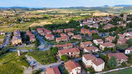 Pienza, Tuscany. Aerial view at sunset of famous medieval town.の写真素材
