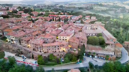 Pienza, Tuscany. Aerial view at sunset of famous medieval town.の写真素材