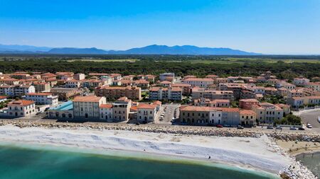 Amazing aerial view of Marina di Pisa coastline, Tuscany. Italian shoreline from the airの写真素材