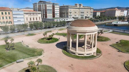 Amazing aerial view of Mascagni Square in Leghorn, Tuscany. Italian coast from the droneの写真素材