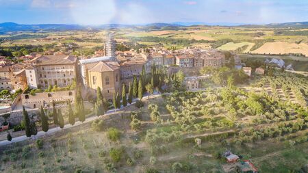 Pienza, Tuscany. Aerial view at sunset of famous medieval town.の写真素材