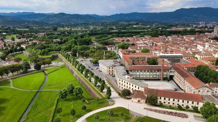 Amazing aerial view of Lucca medieval town in Tuscany, Italyの写真素材
