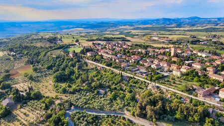 Pienza, Tuscany. Aerial view at sunset of famous medieval town.の写真素材